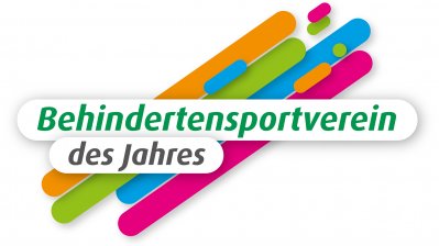 Logodesign mit 4 diagonalen Farbstreifen (orange, hellgrün, hellblau und lila) nach rechts aufsteigend mit dem Schriftzug "Behindertensportverein des Jahres".